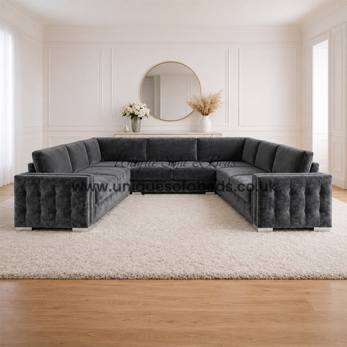 Tuxedo U Shape Sofa – Luxury Fabric Sofa with Panelled Arms