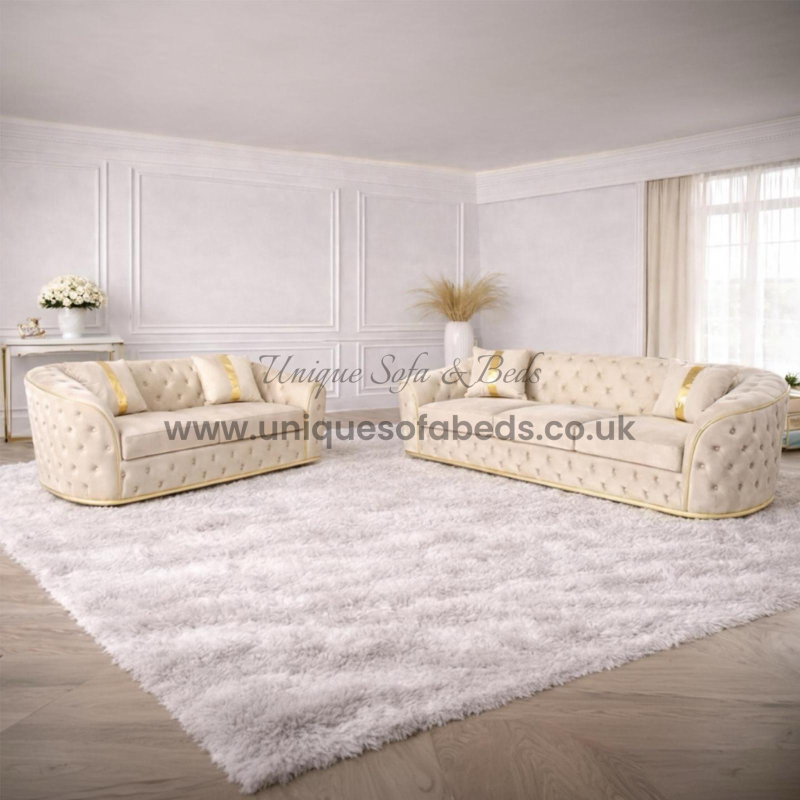 Khalifa 3 + 2 + 1 Chesterfield Sofa Set with Gold or Chrome Trim