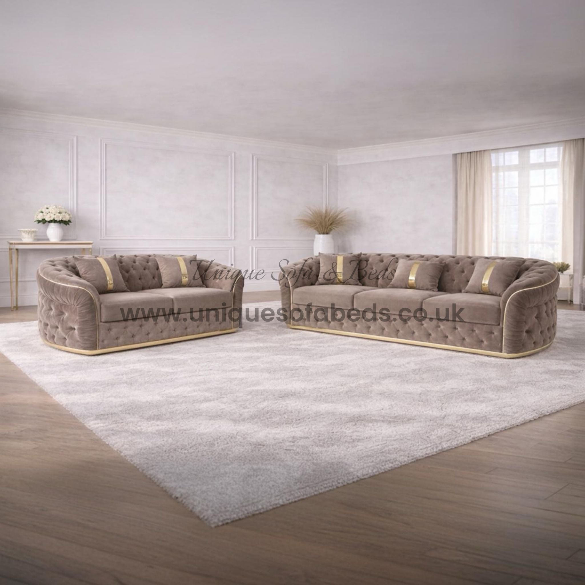 Ambassador 3 + 2 Chesterfield Sofa Set with Gold or Chrome Trim