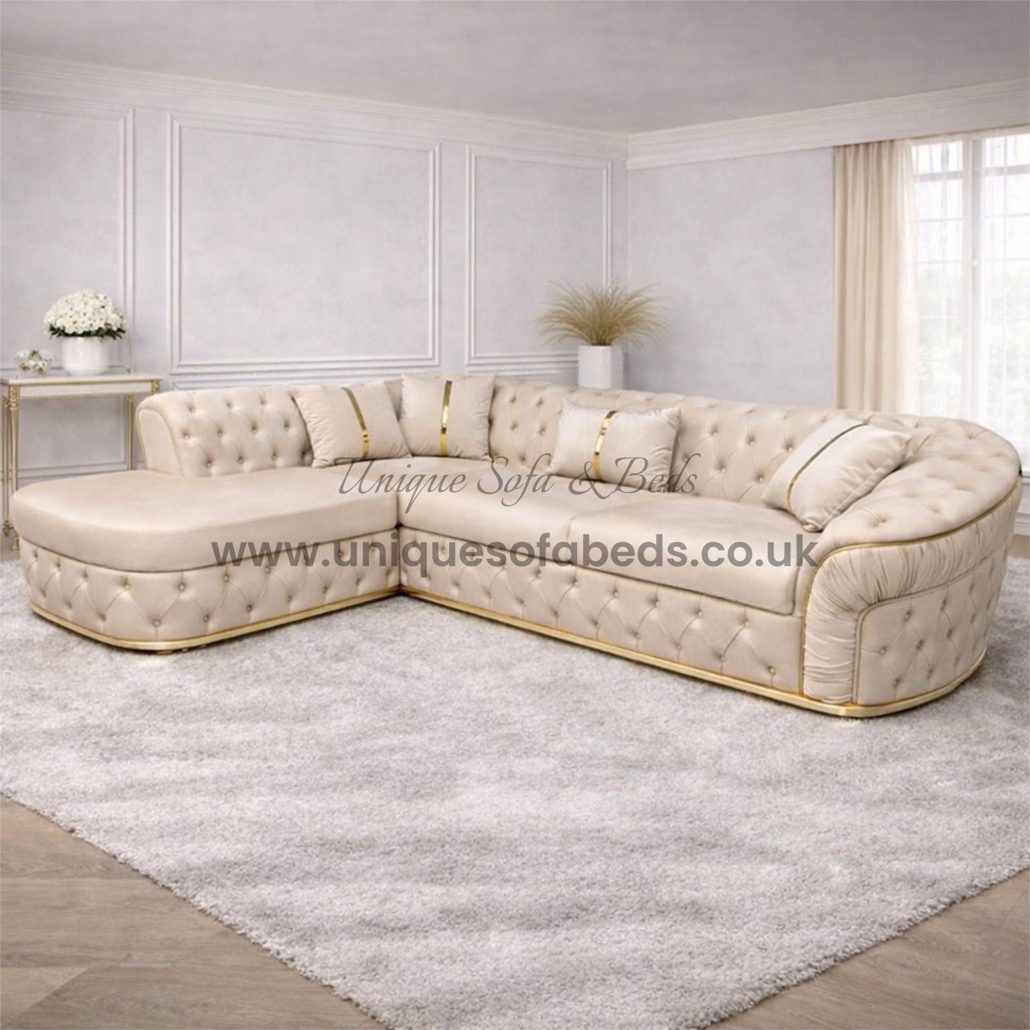 Ambassador L Shape Chaise Chesterfield Sofa with Gold or Chrome Trim