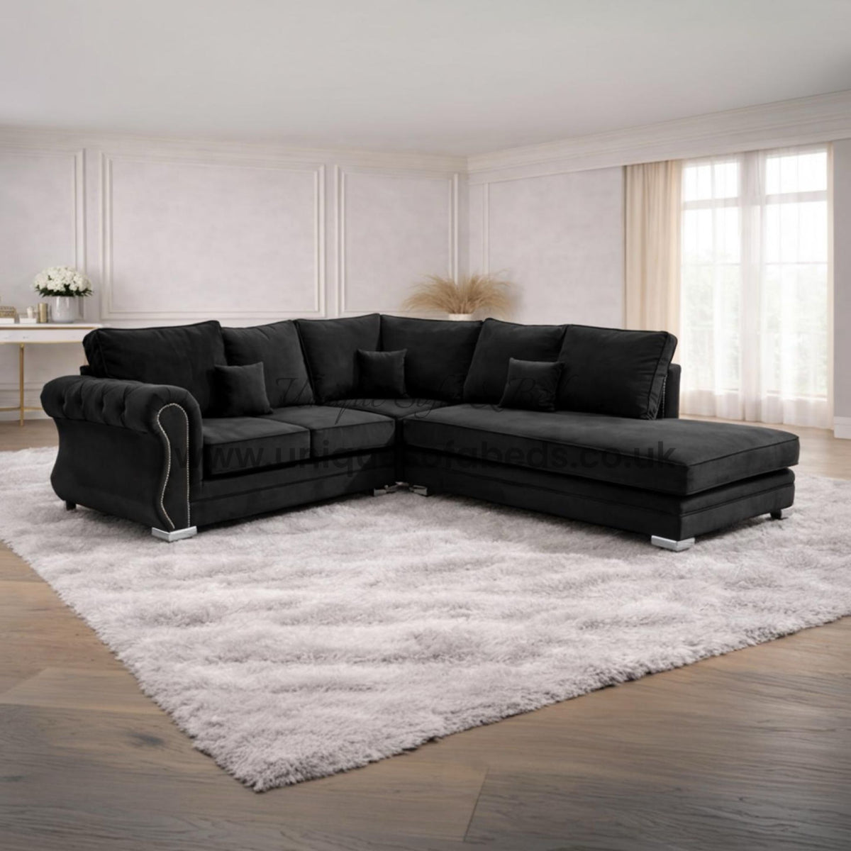 Falcon L Shape Chaise Sofa – Rolled Chesterfield Arm Fabric Sofa