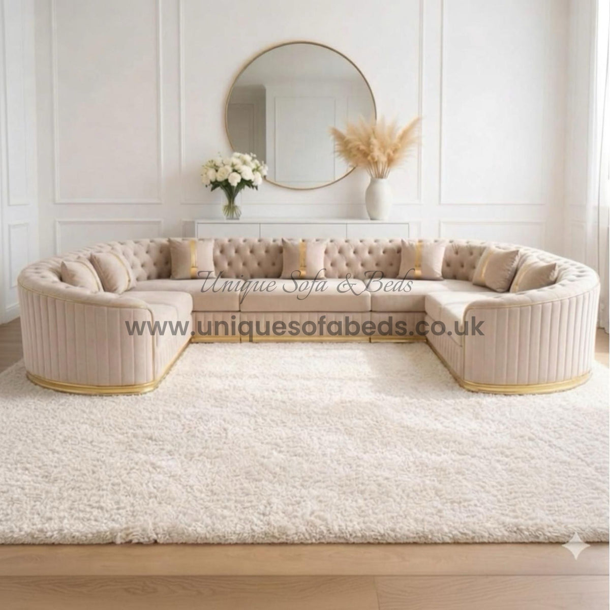 Vienna Chesterfield 3+2+1 Sofa Set – Curved Luxury Sofa with Gold or Chrome Trim