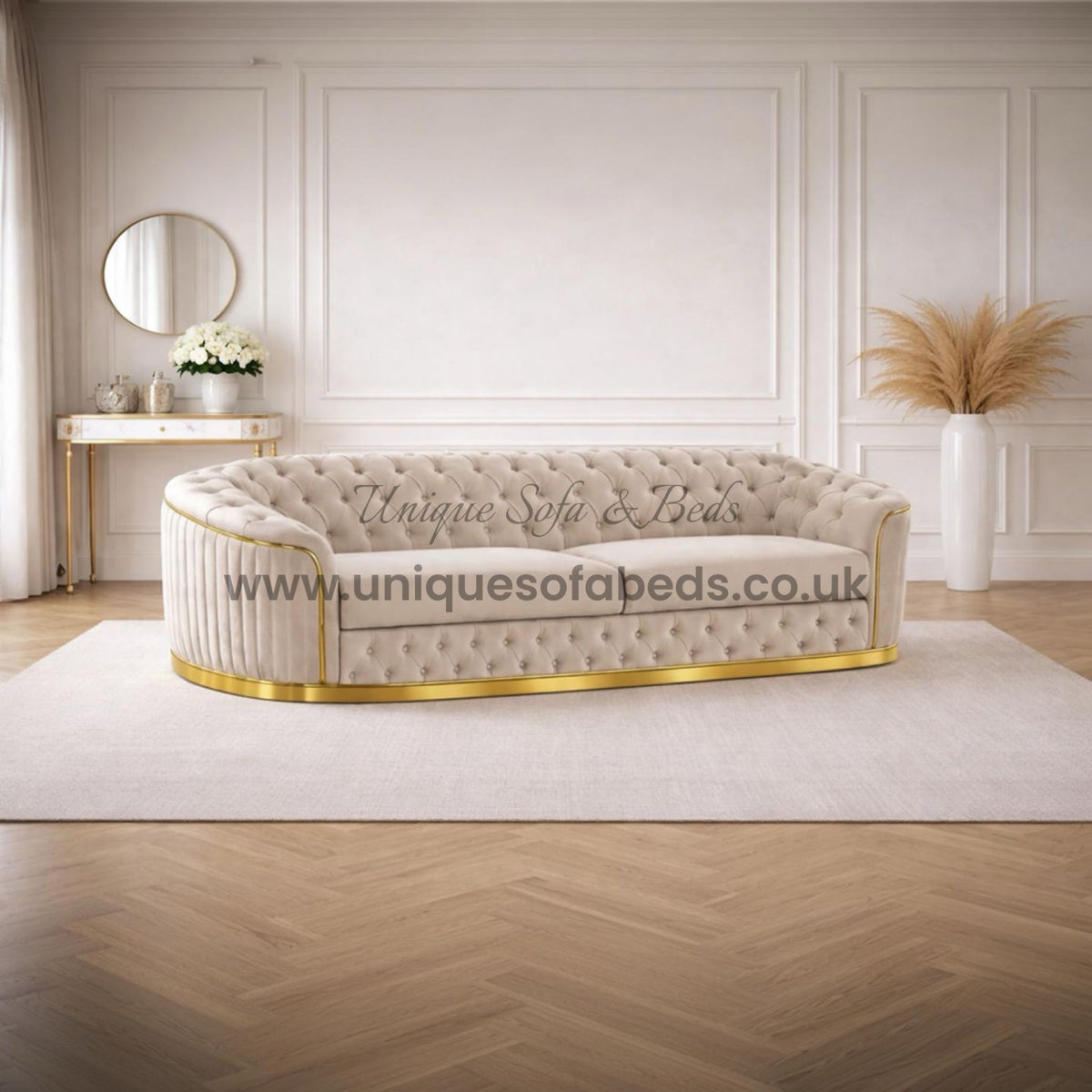 Vienna Chesterfield 3+2 Sofa Set – Curved Luxury Sofa with Gold or Chrome Trim