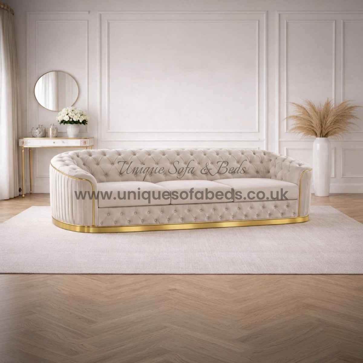 Vienna Chesterfield 3+2 Sofa Set – Curved Luxury Sofa with Gold or Chrome Trim