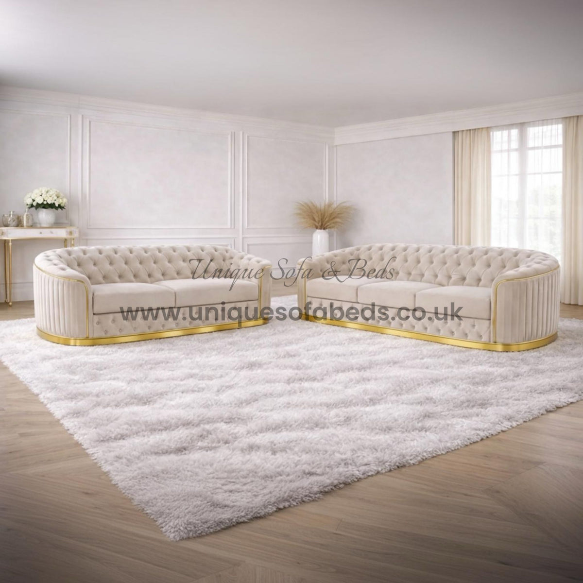 Vienna Chesterfield 3+2+1 Sofa Set – Curved Luxury Sofa with Gold or Chrome Trim