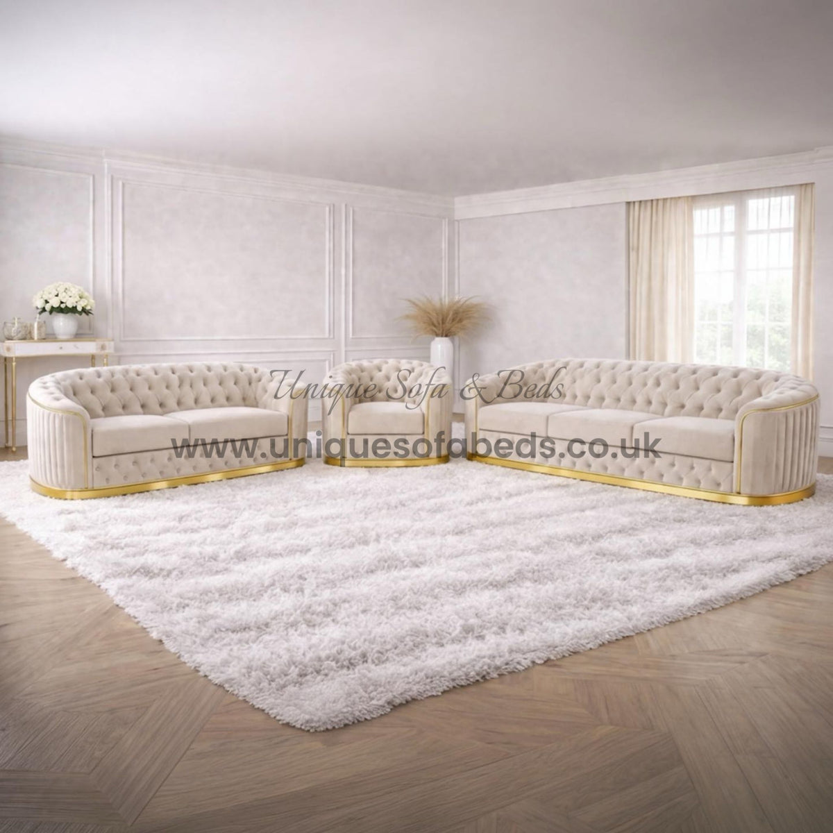 Vienna Chesterfield 3+2 Sofa Set – Curved Luxury Sofa with Gold or Chrome Trim