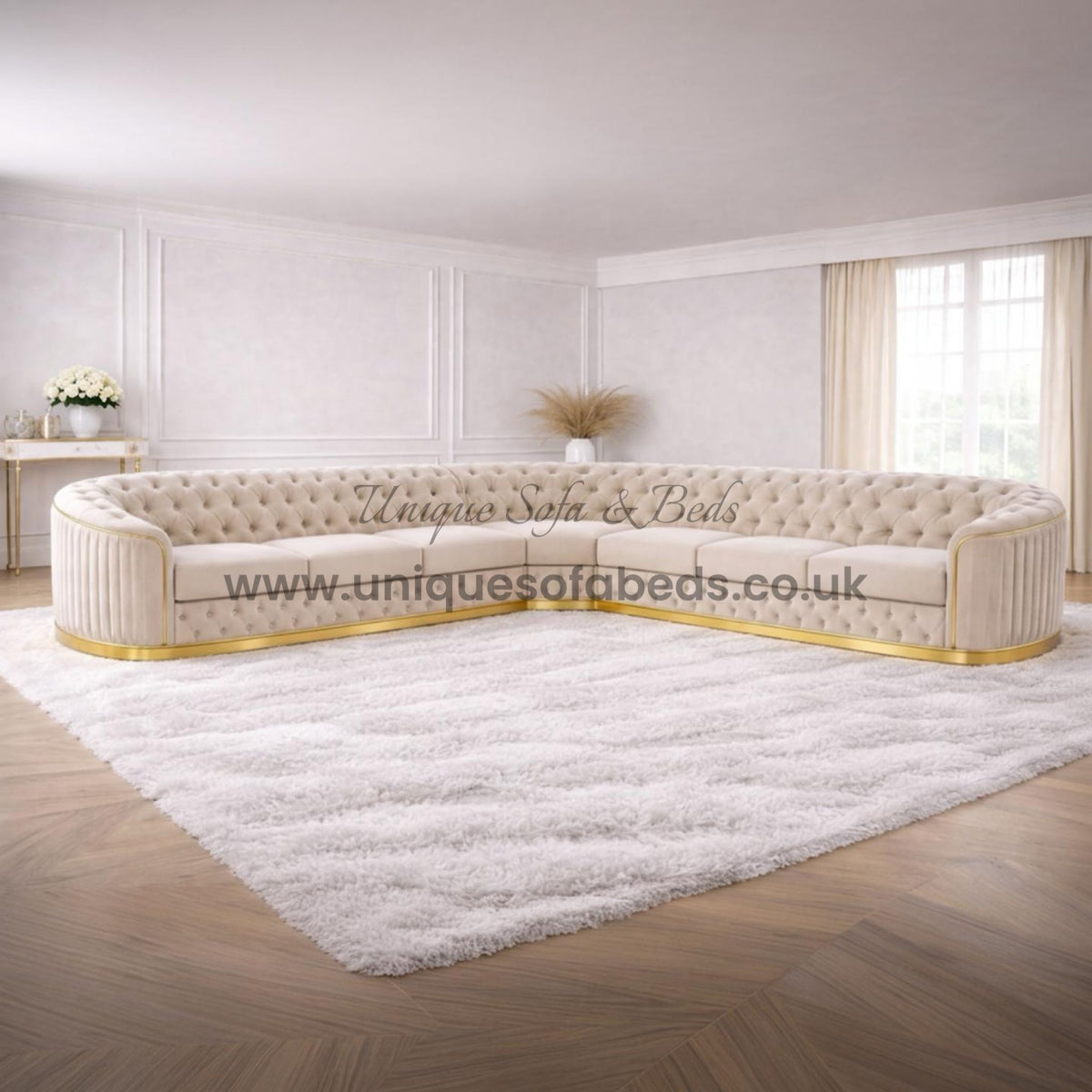 Vienna Chesterfield 3+2+1 Sofa Set – Curved Luxury Sofa with Gold or Chrome Trim