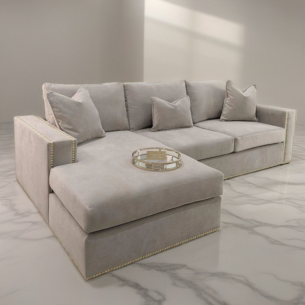 Kiara Luxe Velvet Left side Corner L Shape Sofa with buttoned piping design in