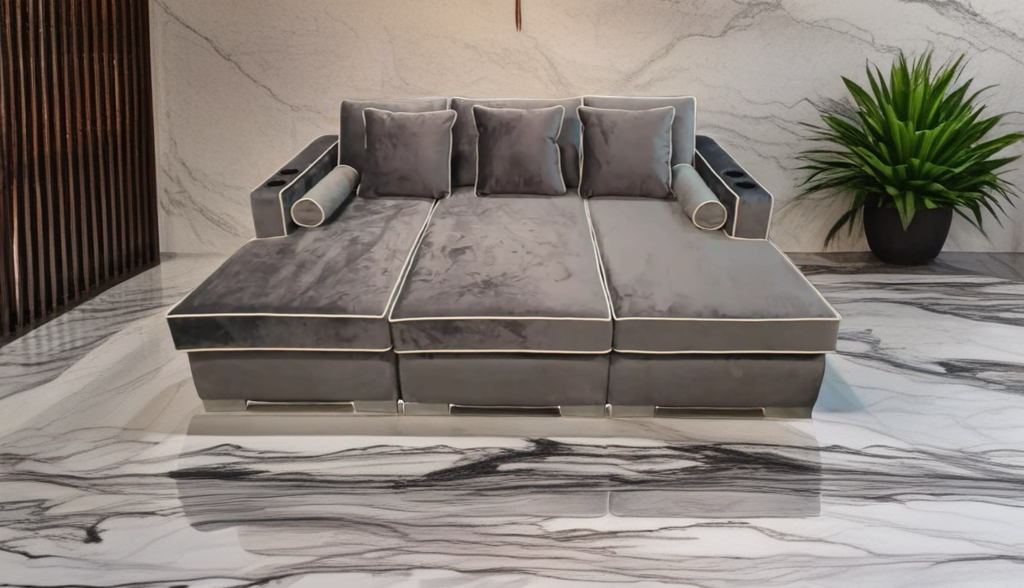 Zara Luxe Velvet cinema Sofa with contrast piping and cup holders