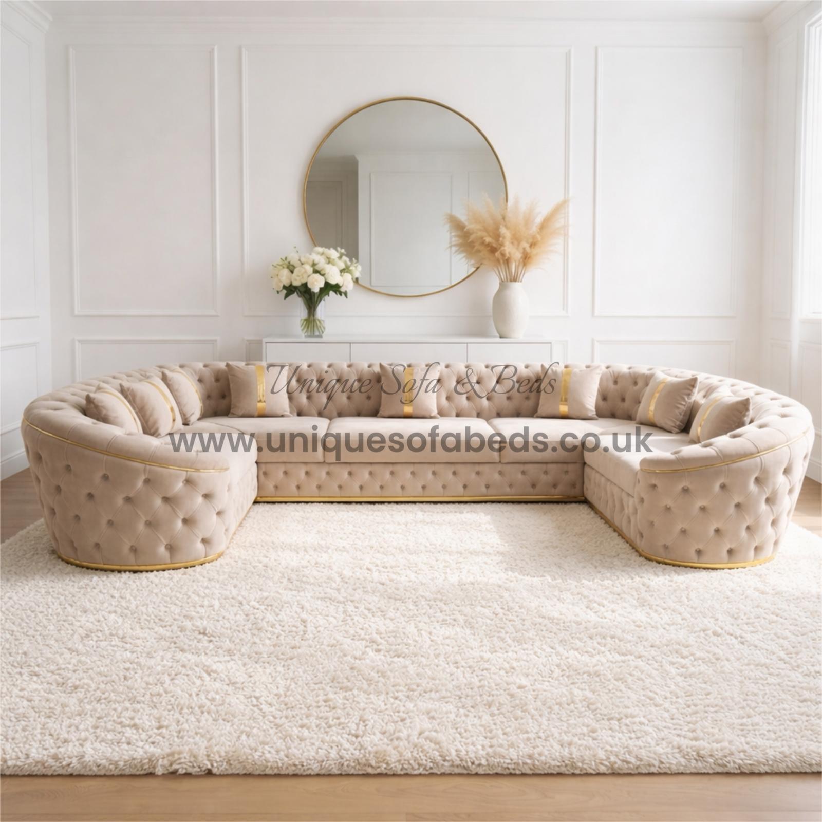 Khalifa U Shape Chesterfield Sofa with Gold or Chrome Trim