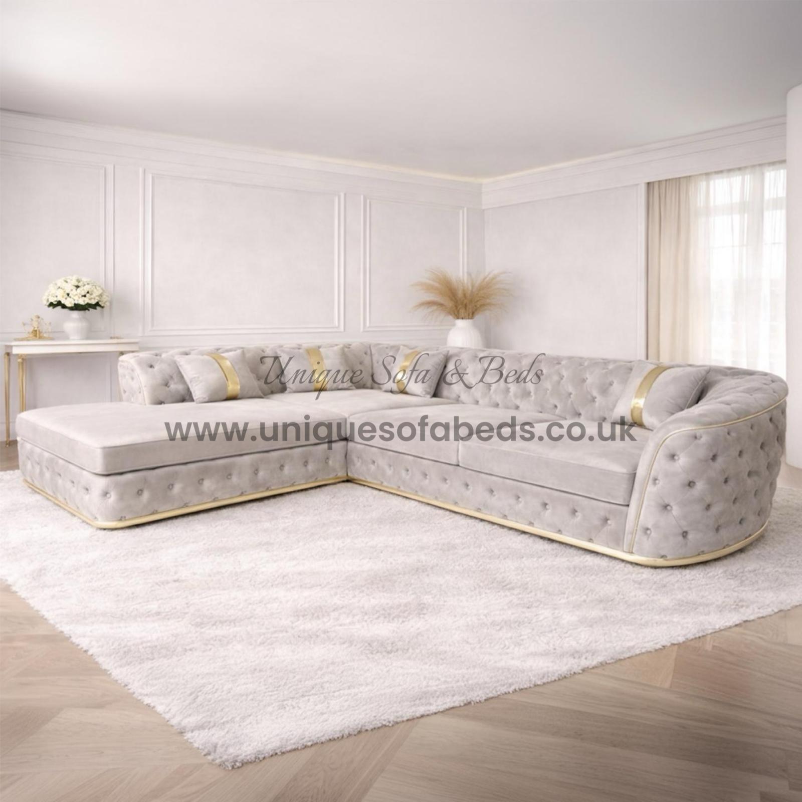 Khalifa L Shape Chaise Chesterfield Sofa with Gold or Chrome Trim