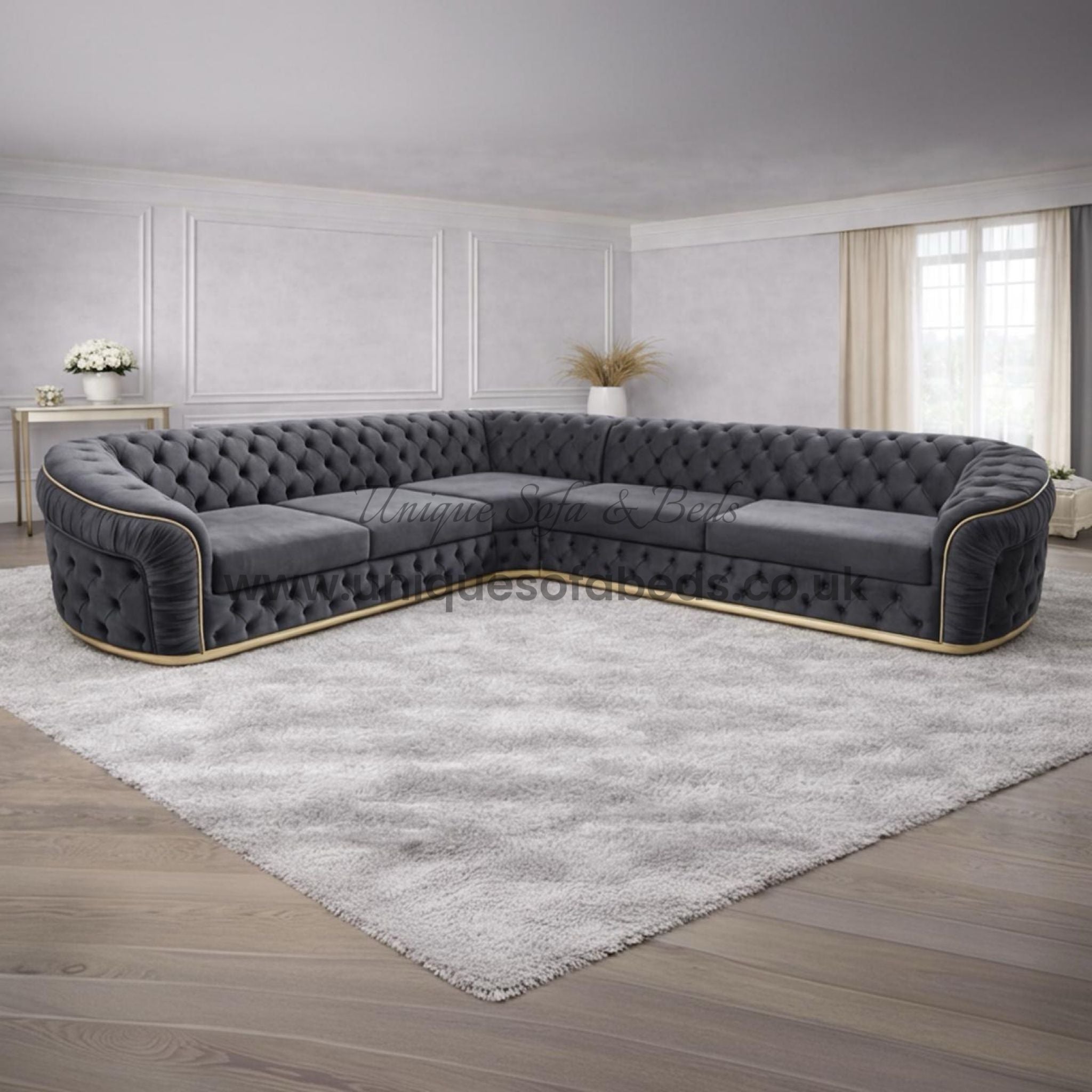 Ambassador Corner Chesterfield Sofa with Gold or Chrome Trim