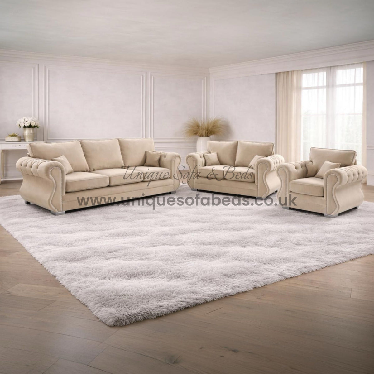 Falcon L Shape Chaise Sofa – Rolled Chesterfield Arm Fabric Sofa