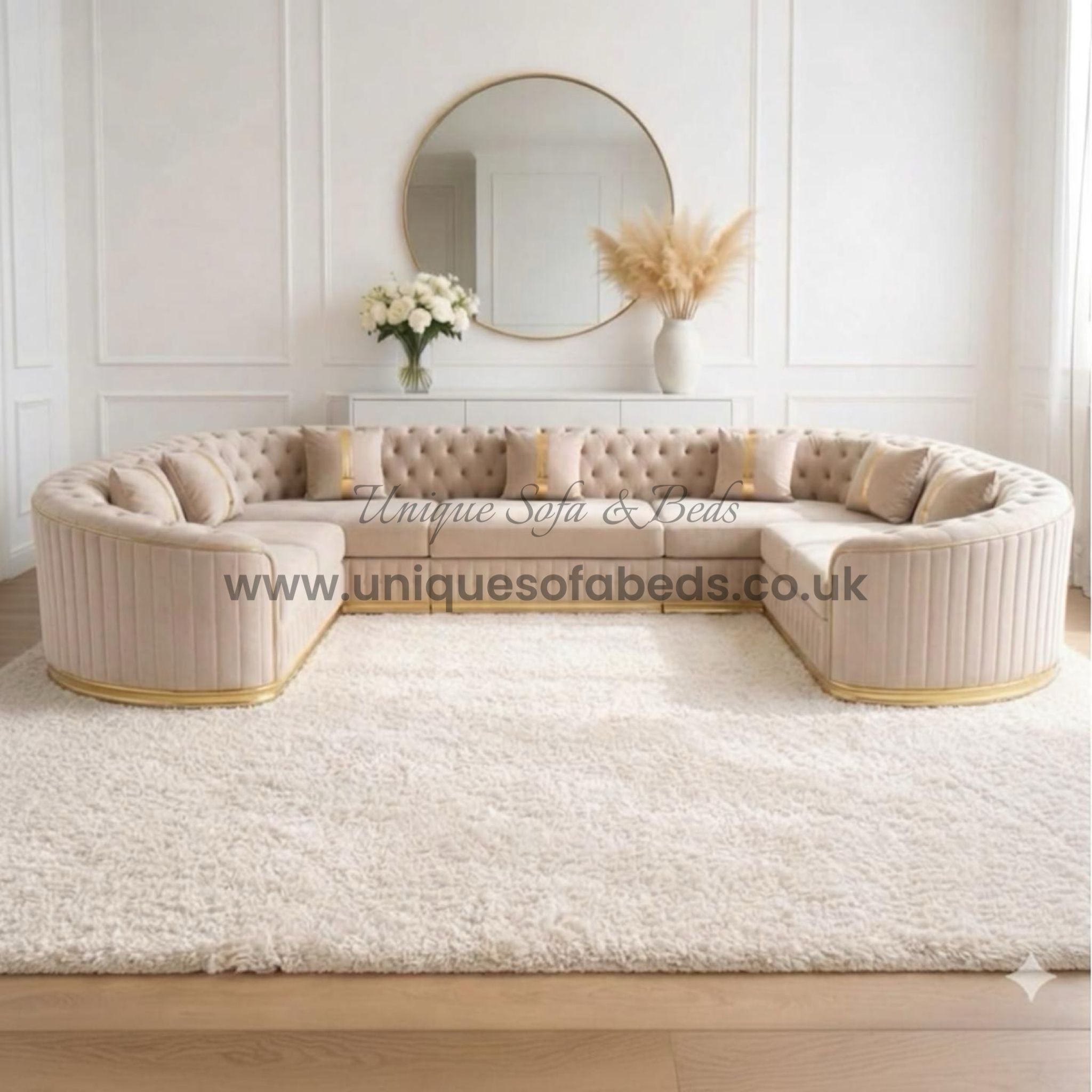 Vienna Chesterfield U Shape Sofa – Curved Luxury Sofa with Gold or Chrome Trim