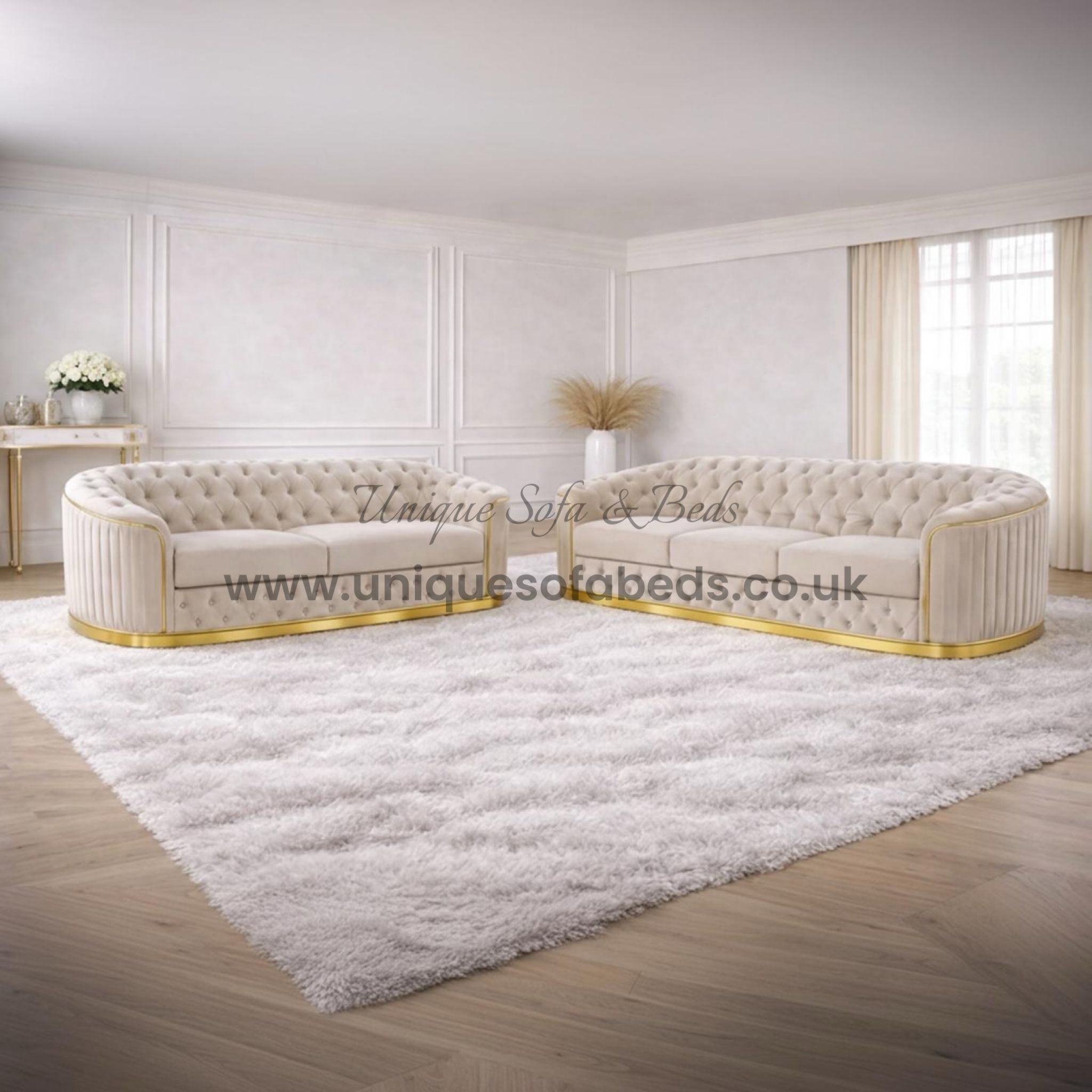 Vienna Chesterfield U Shape Sofa – Curved Luxury Sofa with Gold or Chrome Trim