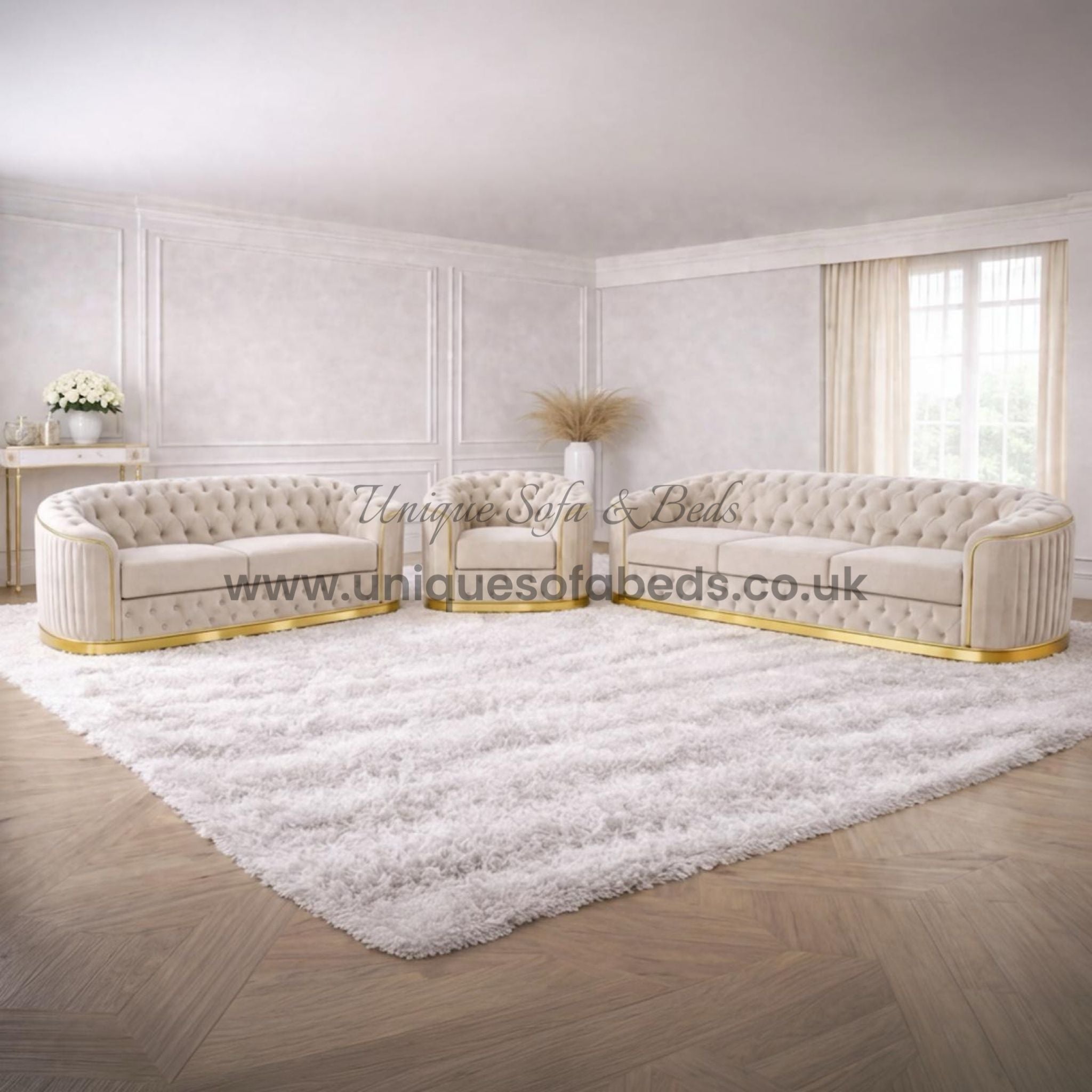 Vienna Chesterfield U Shape Sofa – Curved Luxury Sofa with Gold or Chrome Trim
