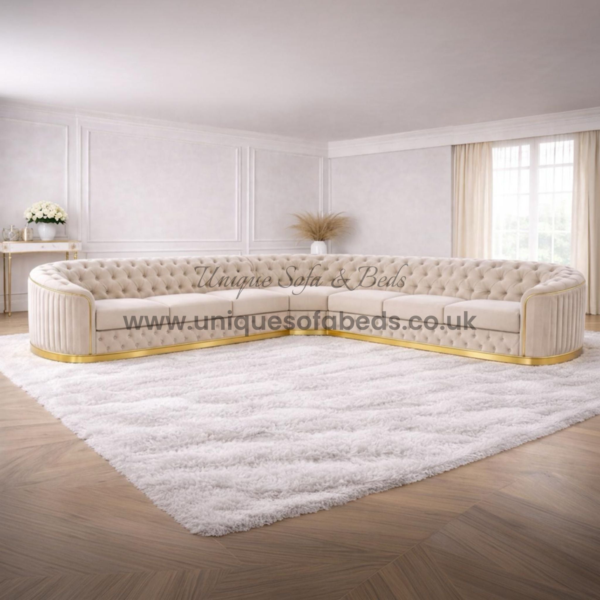 Vienna Chesterfield Corner Sofa – Curved Luxury Sofa with Gold or Chrome Trim
