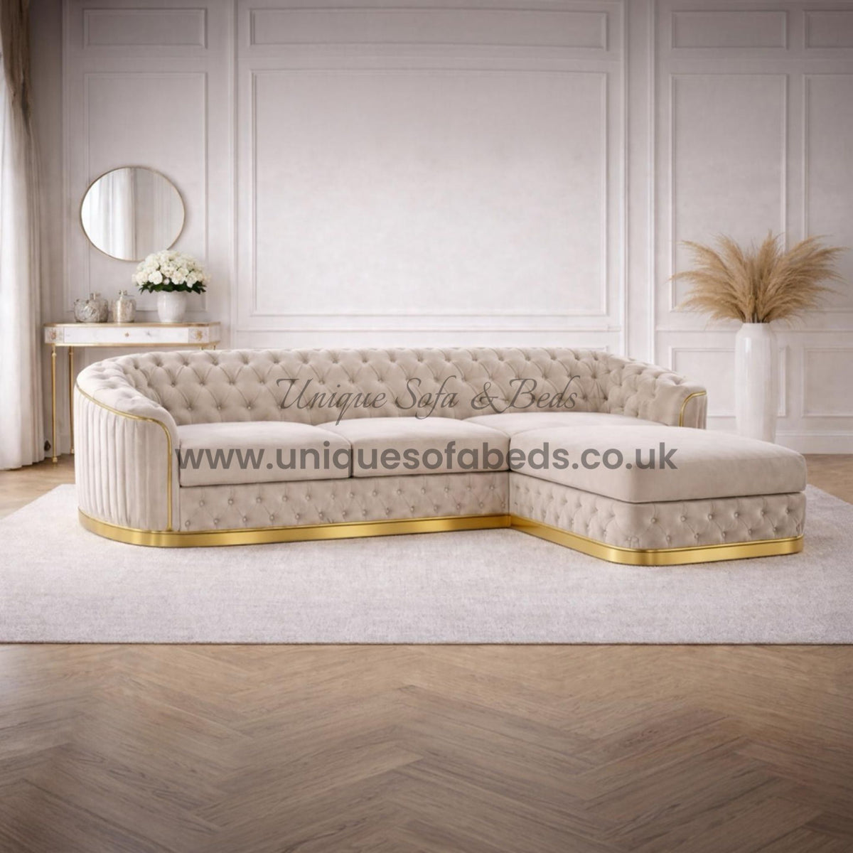 Vienna Chesterfield 3+2+1 Sofa Set – Curved Luxury Sofa with Gold or Chrome Trim