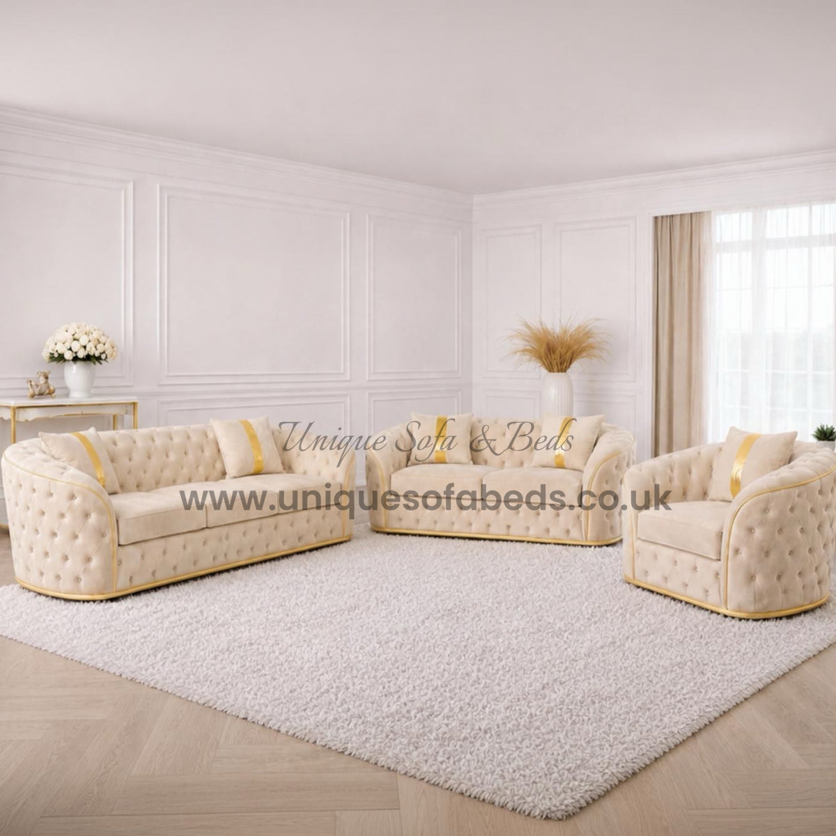 Khalifa U Shape Chesterfield Sofa with Gold or Chrome Trim