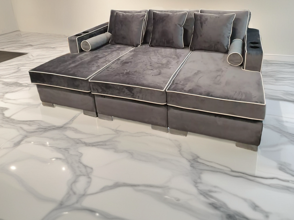 Zara Luxe Velvet cinema Sofa with contrast piping and cup holders