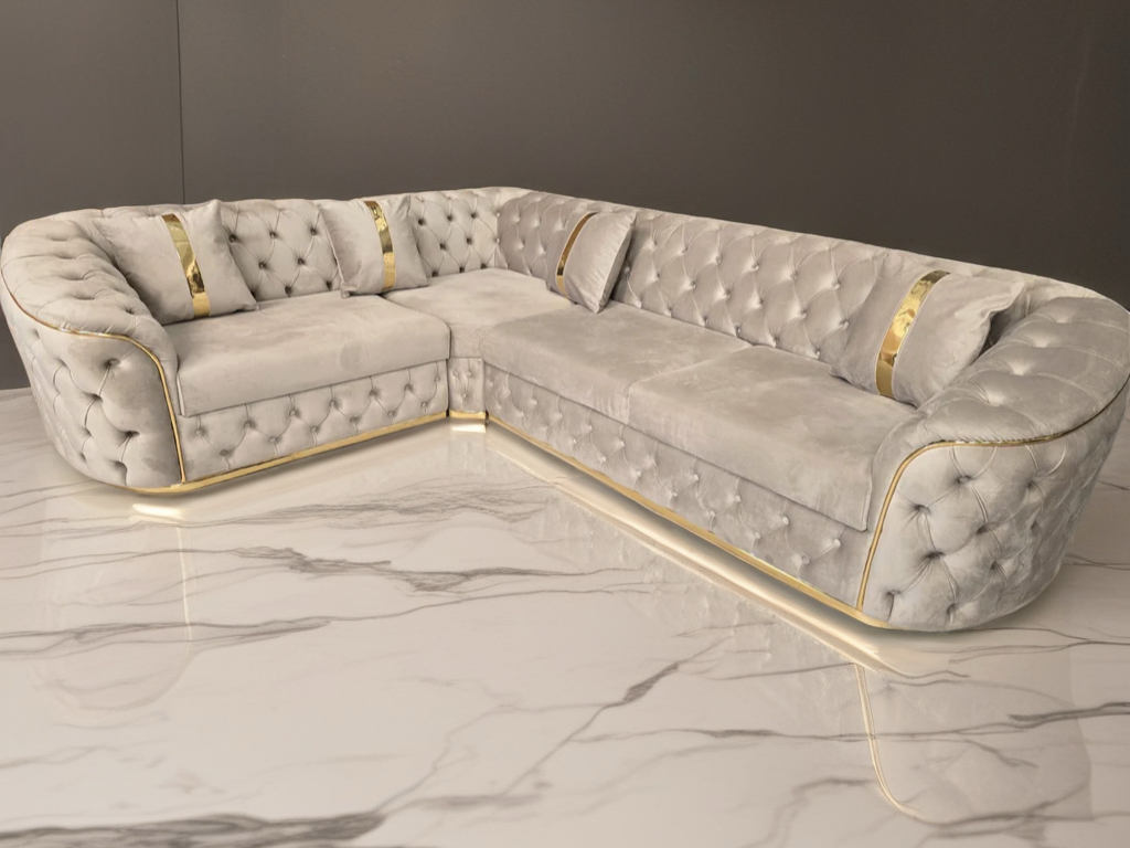 Khalifa corner Luxe Velvet Sofa with gold/chrome trim